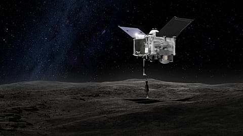 Image shows a rendering of the Origins Spectral Interpretation Resource Identification Security - Regolith Explorer (OSIRIS-REx) spacecraft contacting the asteroid Bennu.