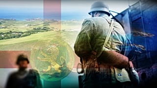 Composite image showing flag of Alderney, shoreline of island, and German troops during WWII
