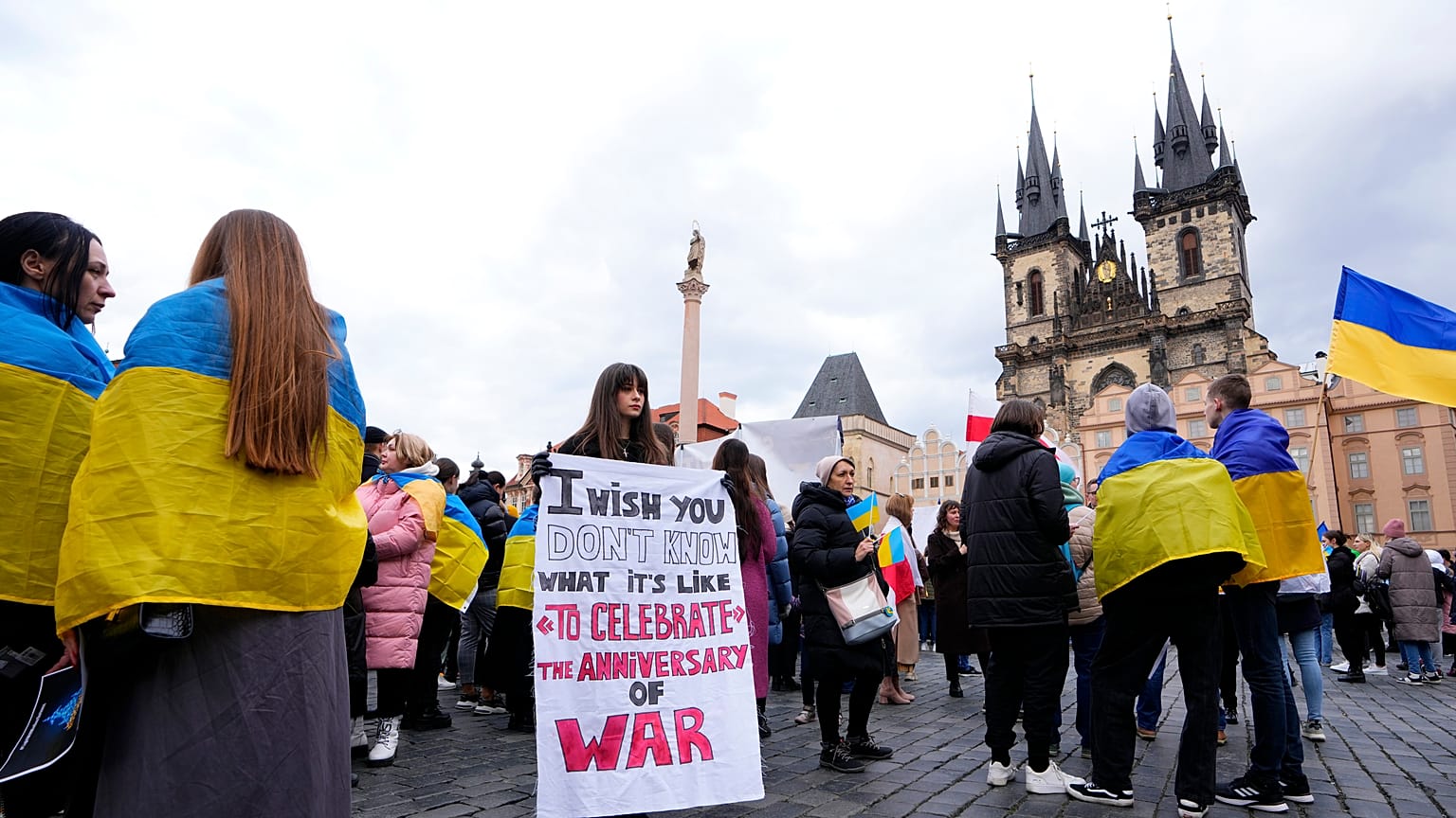 People gather at the Old Town Square in Prague on the first anniversary of Russia's full-scale invasion of Ukraine. 24 February 2023
