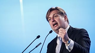 Maximilian Krah, tête de liste de l'AfD aux élections européennes de 2024, lors de son discours, le 29 juillet 2023, à Magdebourg (Allemagne).