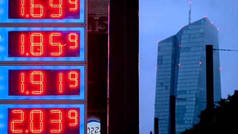 Gas prices are displayed at a gas station in Frankfurt, Germany