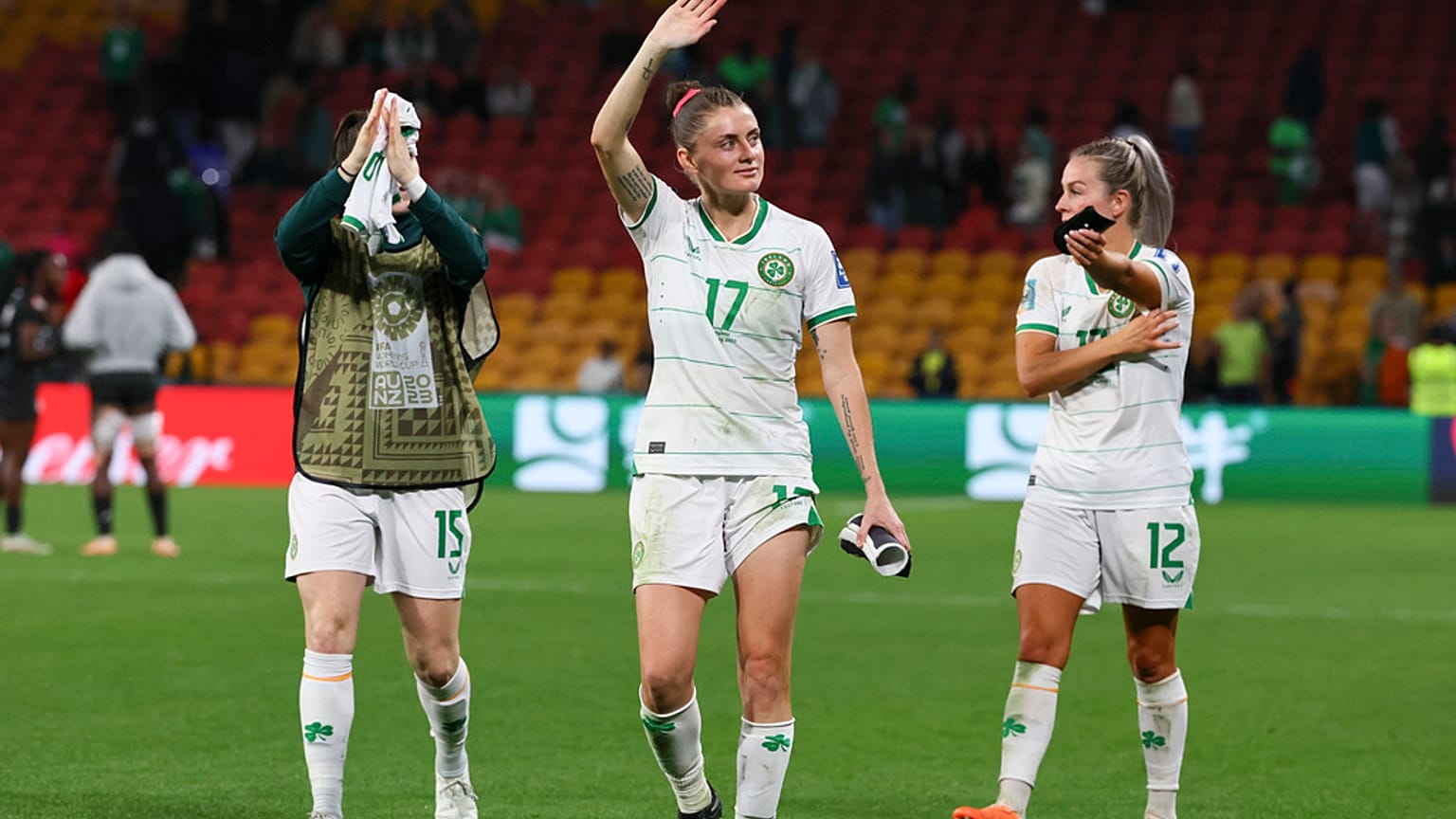 Ireland's Sinead Louise Farrelly, centre, waves after the Women's World Cup Group B soccer match between Ireland and Nigeria in Brisbane, Australia, Monday, July 31, 2023.