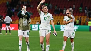 Ireland's Sinead Louise Farrelly, centre, waves after the Women's World Cup Group B soccer match between Ireland and Nigeria in Brisbane, Australia, Monday, July 31, 2023.