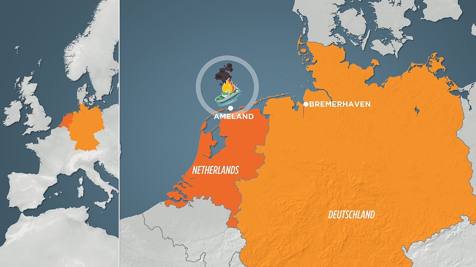 MAP showing approximate location of stricken cargo ship, north of the Dutch island of Ameland