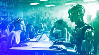 An illustration of students using AI in classroom