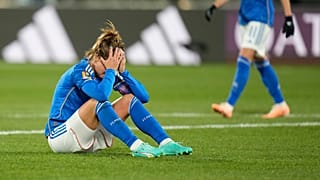 Italy's Cristiana Girelli reacts after losing the Women's World Cup Group G soccer match against South Africa in Wellington, New Zealand, Wednesday, Aug. 2, 2023