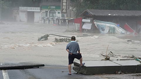 Flood waters in the Miaofengshan region on the outskirts of Beijing, 1 August 2023