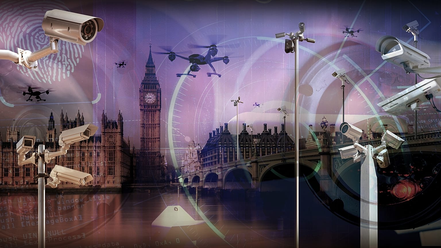 Composite image shows Houses of Parliament in London, drones and security cameras