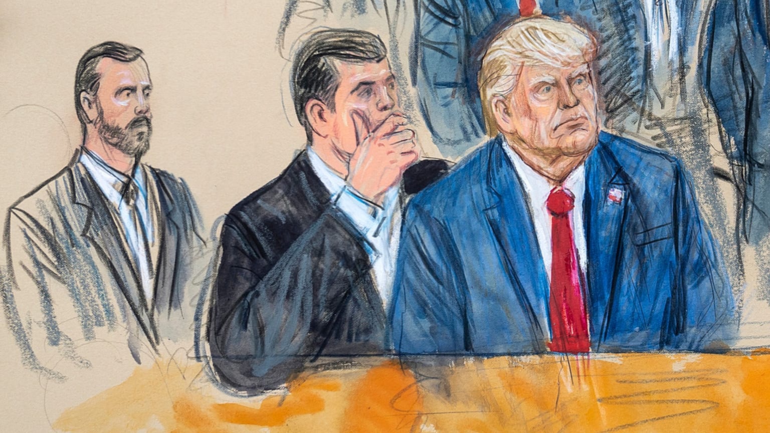 Ricostruzione dal tribunale di Washington: da sinistra, il procuratore Jack Smith, l'avvocato Todd Blanche e Donald Trump.