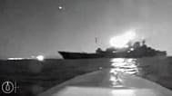 FILE- In this grab taken from video released on Friday, Aug. 4, 2023, a drone manoeuvers as it approaches the vessel claimed to be a Russian large landing ship