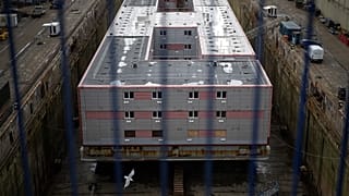 The Bibby Stockholm as it undergoes renovation in Falmouth on the coast of Cornwall in southwest England on May 11, 2023.