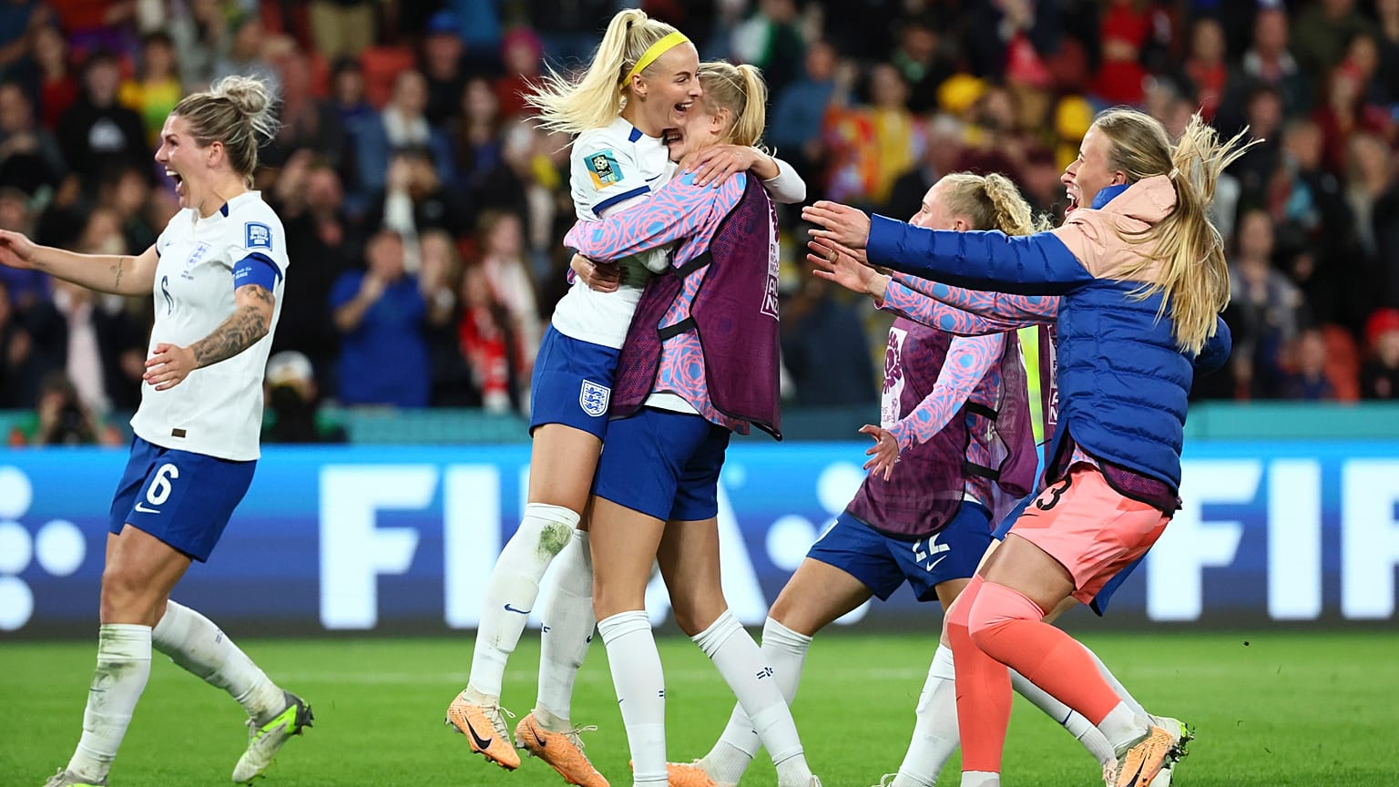 England's Chloe Kelly celebrates after scoring the last penalty during the Women's World Cup tie and Nigeria in Brisbane, Australia, Monday, Aug. 7, 2023