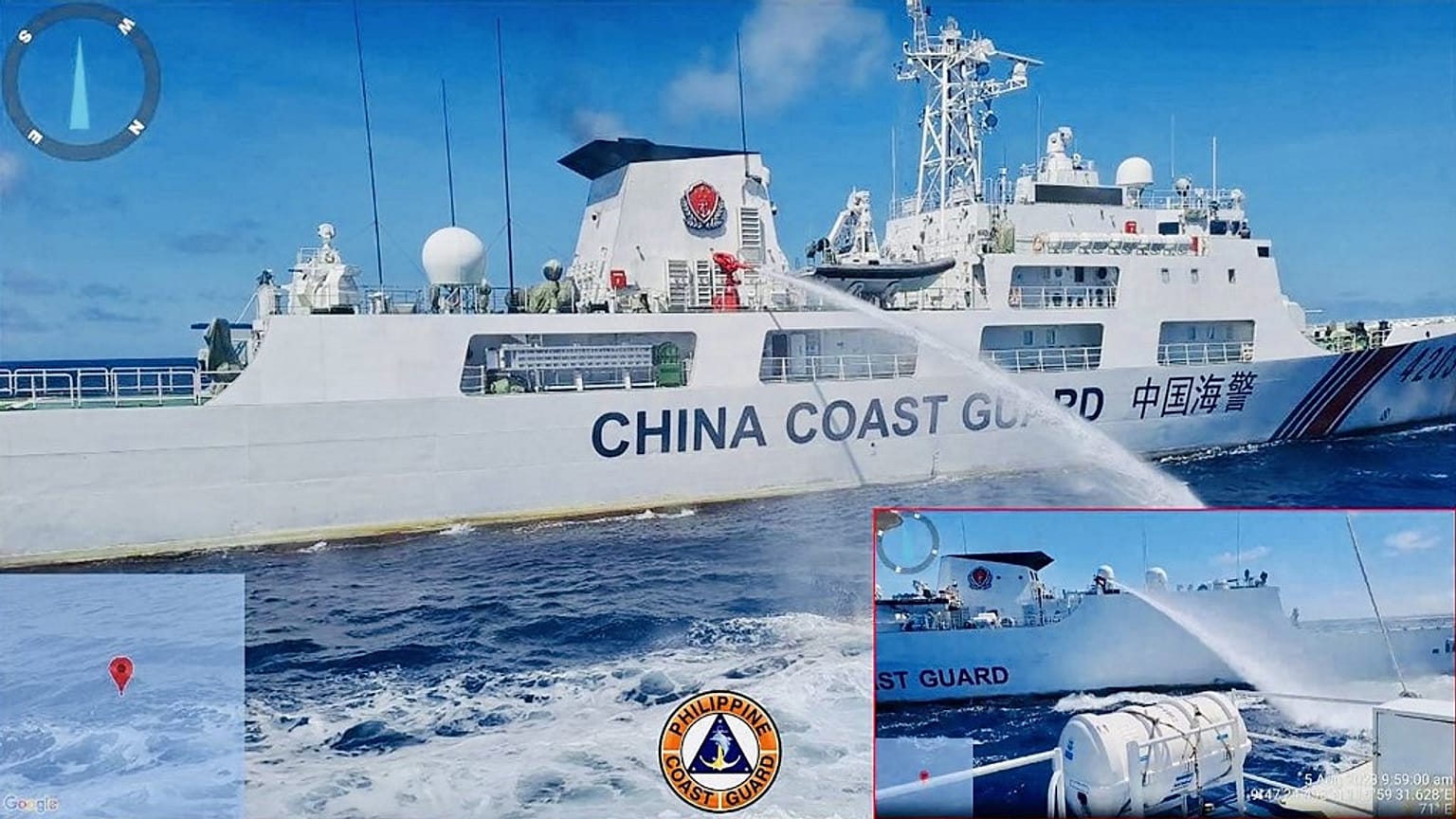 Ce documentpublié par les gardes-côtes philippins le 6 août 2023 montre un navire des gardes-côtes chinois tirant au canon à eau sur un navire des gardes-côtes philippins.
