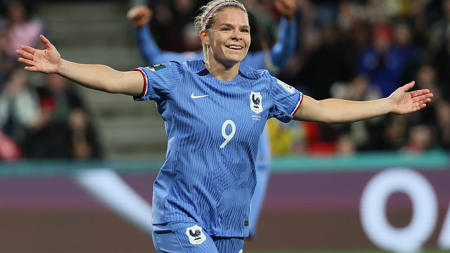 France's Eugenie Le Sommer celebrates after scoring her team's fourth goal during the Women's World Cup last-16 against Morocco in Adelaide, Austrailia, 08/08/2023