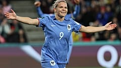 France's Eugenie Le Sommer celebrates after scoring her team's fourth goal during the Women's World Cup last-16 against Morocco in Adelaide, Austrailia, 08/08/2023