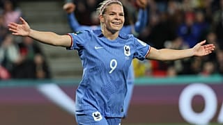 France's Eugenie Le Sommer celebrates after scoring her team's fourth goal during the Women's World Cup last-16 against Morocco in Adelaide, Austrailia, 08/08/2023