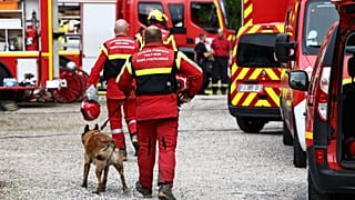 Firefighters and sniffer dogs arrive at the site of a fire which erupted at a home for disabled people in Wintzenheim near Colmar, eastern France.