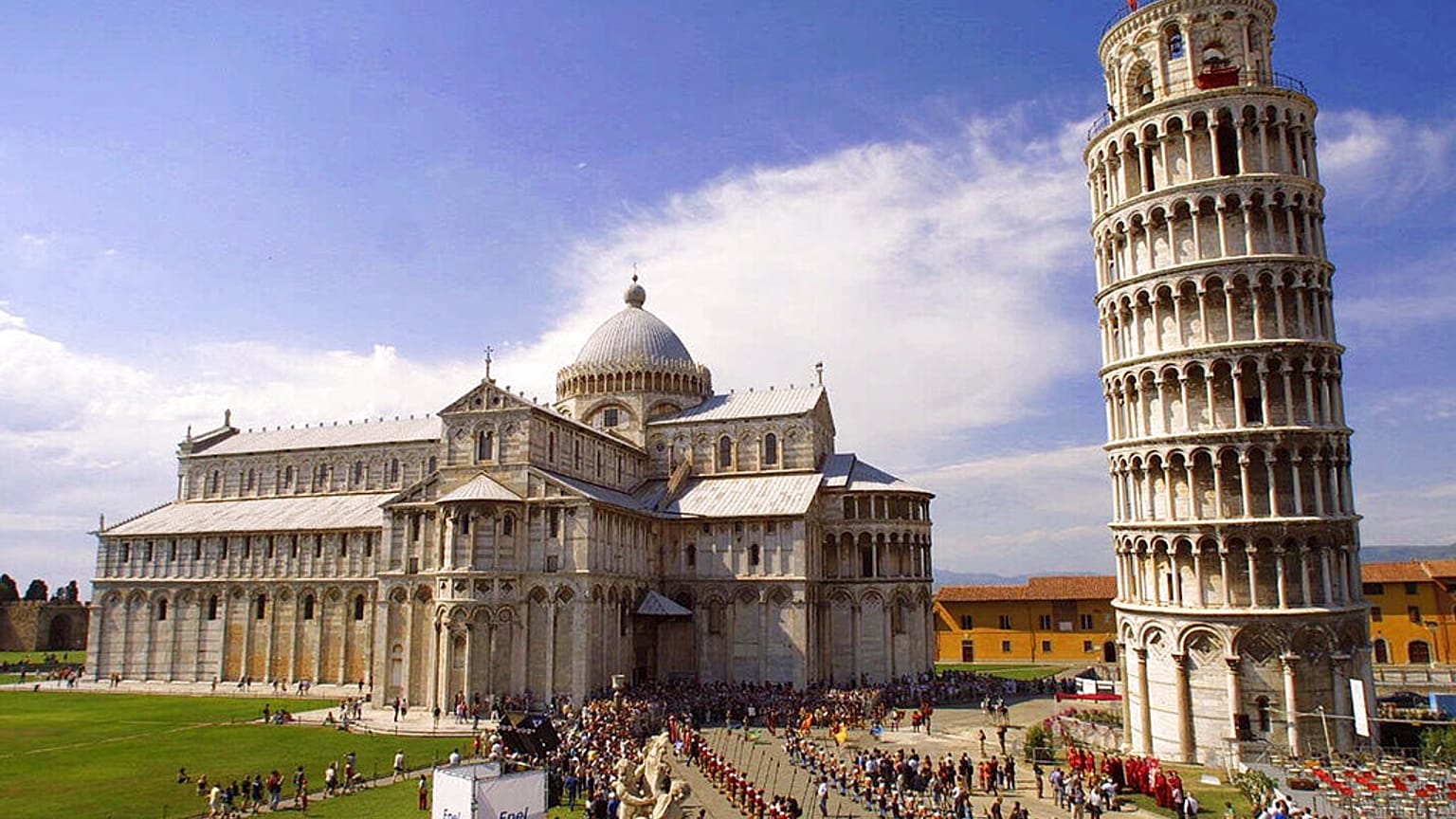 The Leaning Tower of Pisa, right, and the Duomo basilica at celebrations marking its restoration. 