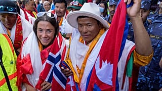 Norwegian climber Kristin Harila and her Nepali sherpa guide Tenjen Sherpa in Kathmandu, Nepal.