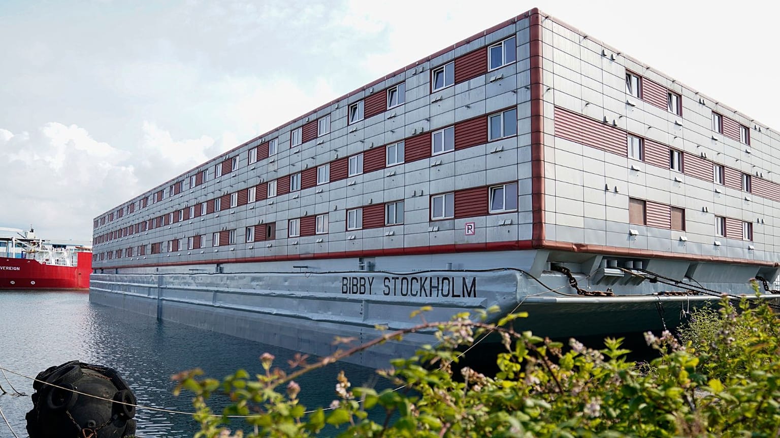 A view of the Bibby Stockholm accommodation barge.