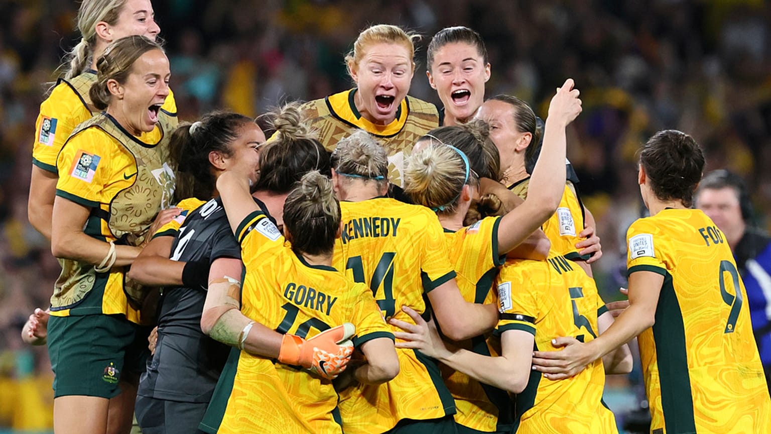 The Matildas celebrate after winning the Women's World Cup quarterfinal soccer match between Australia and France in Brisbane, Australia, Saturday, Aug. 12, 2023.