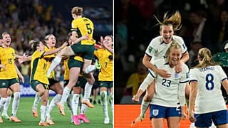 لاعبات المنتخب الإنجليزي على اليمين، على اليسار فرحة لاعبات المنتخب الأسترالي