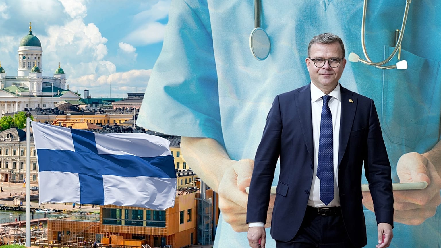 Immagine composita che mostra il centro di Helsinki, la bandiera finlandese e il premier finlandese Petteri Orpo
