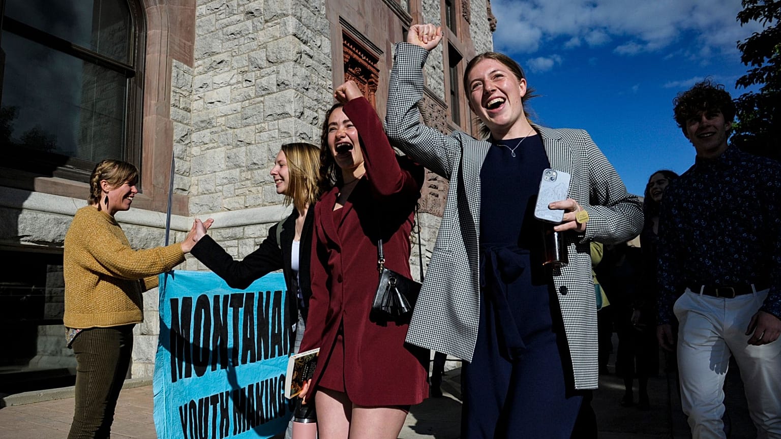 Youth plaintiffs in the climate change lawsuit, Held vs. Montana, arrive at the courthouse, on 20 June 2023, in Helena, Montana, for the final day of the trial.