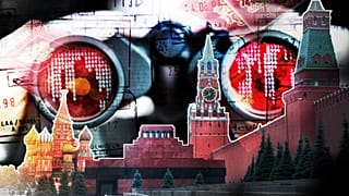 Collage of Kremlin, passports, and spy looking through binoculars