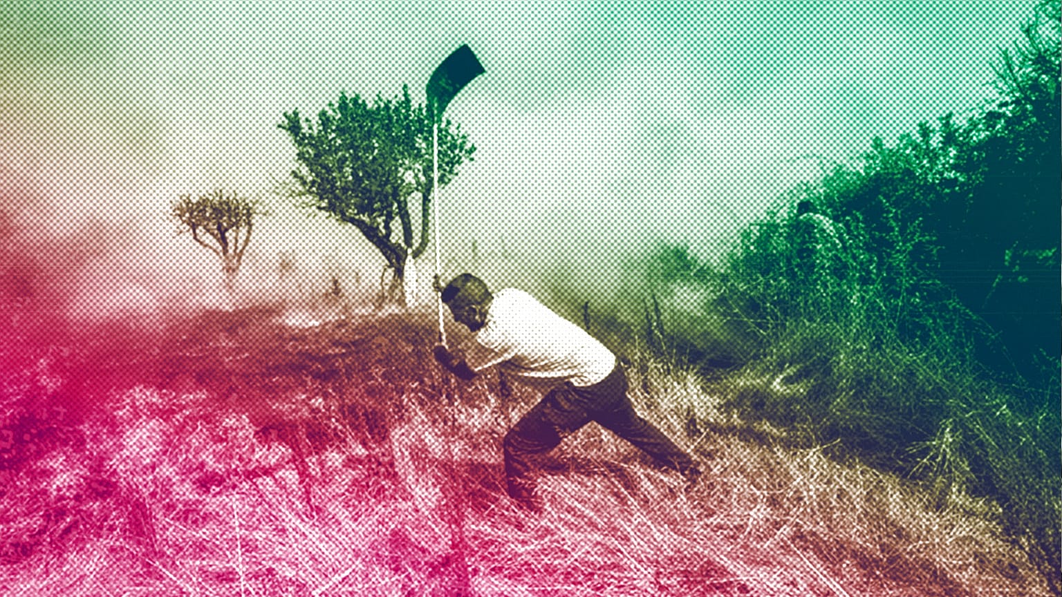 A local resident fights a forest fire with a shovel during a wildfire in Tabara, north-west Spain, July 2022