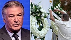 Alec Baldwin (left) - right: A man puts up a wreath before a candlelight vigil for the late cinematographer Halyna Hutchins in 2021