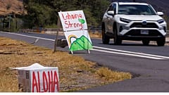 Local residents put up signs along the highway entering the fire ravaged town of Lahaina on the island of Maui in Hawaii, US, 15 August, 2023.
