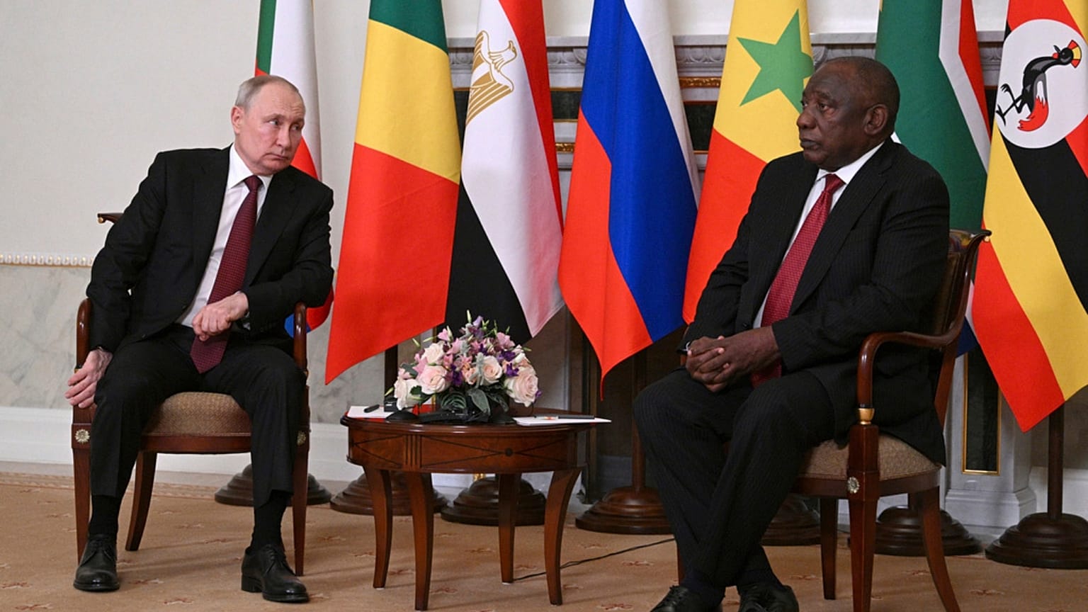 FILE - Russian President Vladimir Putin & South African President Cyril Ramaphosa, St Petersburg June 2023 