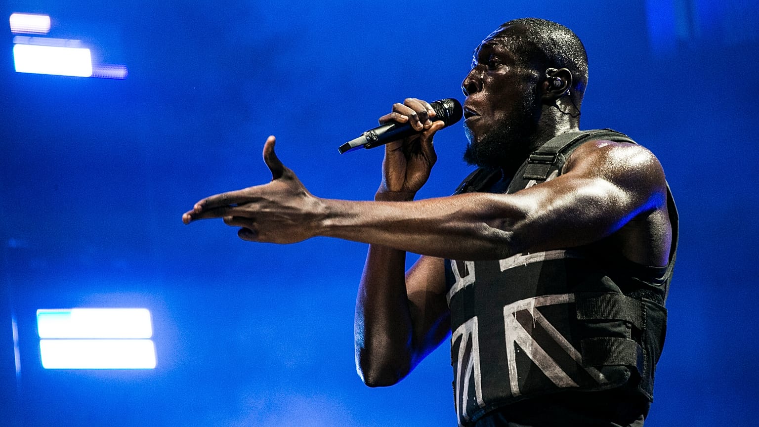 Singer Stormzy performs on the third day of Glastonbury Festival at Worthy Farm, Somerset, England, Friday, June 28, 2019. 