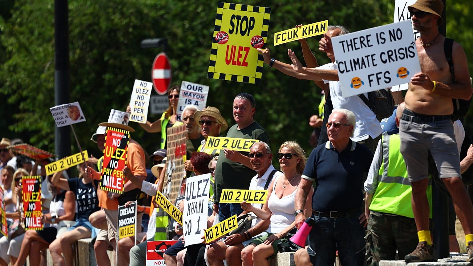Demonstrators protest against proposed upcoming expansion of London's Ultra Low Emissions Zone.