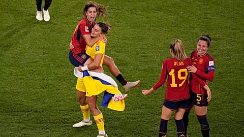 Alba Redondo, Misa Rodriguez, Olga Carmona and Ivana Andres celebrate after defeating England during the Women's World Cup soccer final at Stadium Australia in Sydney.