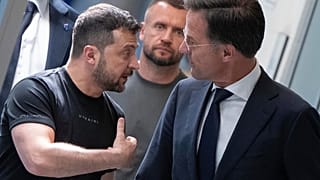 Ukrainian President Volodymyr Zelenskyy, left, and Dutch caretaker Prime Minister Mark Rutte.