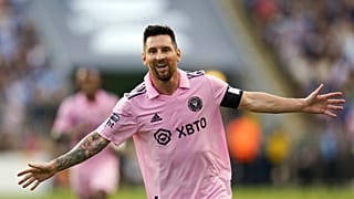 ليونيل ميسي بعد هدفه  مع فريقه  إنتر ميامي خلال مباراة نصف نهائي كأس الدوري لكرة القدم ضد فيلادلفيا يونيون، الثلاثاء 15 أغسطس 2023، في تشيستر، بنسلفانيا.