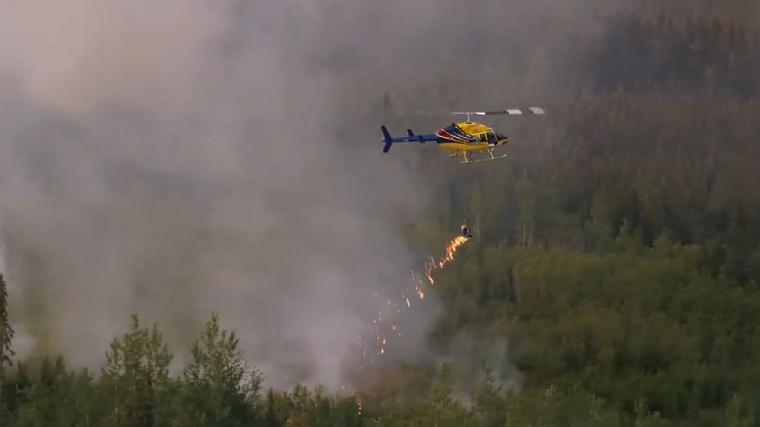 Allumage planifié du feu de forêt de Donnie Creek à l'aide d'un hélicoptère lance-flammes.