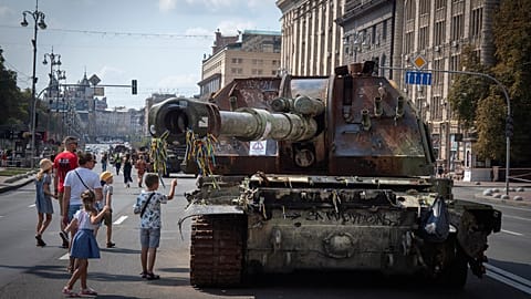 Выставка уничтоженной российской военной техники под открытым небом в преддверии Дня независимости. Киев, Украина, понедельник, 21 августа 2023 г.