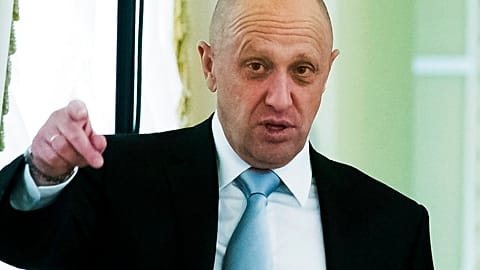 Yevgeny Prigozhin gestures as he attends a summit meeting between Russian President Vladimir Putin and Turkish President Recep Tayyip Erdogan. 