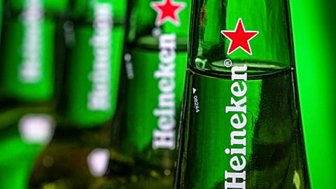 Bottles of Heineken beer are photographed in Washington, USA. March 30, 2018. 
