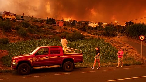 Residents try to reach their houses in Benijos village as a wildfire advances in La Orotava in Tenerife, Canary Islands, Spain in August 2023