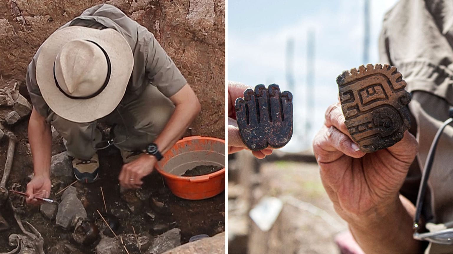 Handout picture released by the Peruvian Ministry of Culture showing archaeologists holding pottery pieces found at a 3,000-year-old priest's tomb,