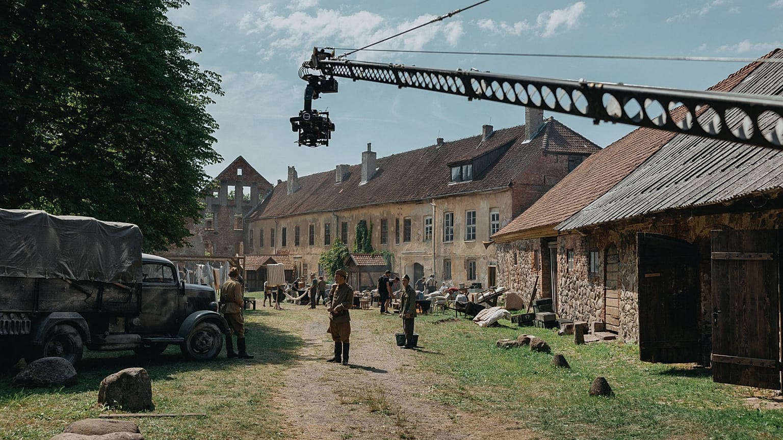 This photograph taken on July 17, 2023 shows extras actors playing their roles at the film set in the town of Zheleznodorozhny, Kaliningrad region.