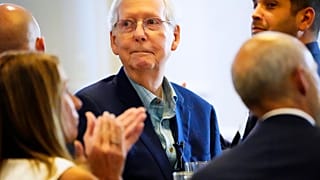 U.S. Senate Minority Leader Mitch McConnell, R-Ky., before taking the podium to speak at the NKY Chamber of Commerce at the Madison Event Center, Wednesday, Aug. 30, 2023.