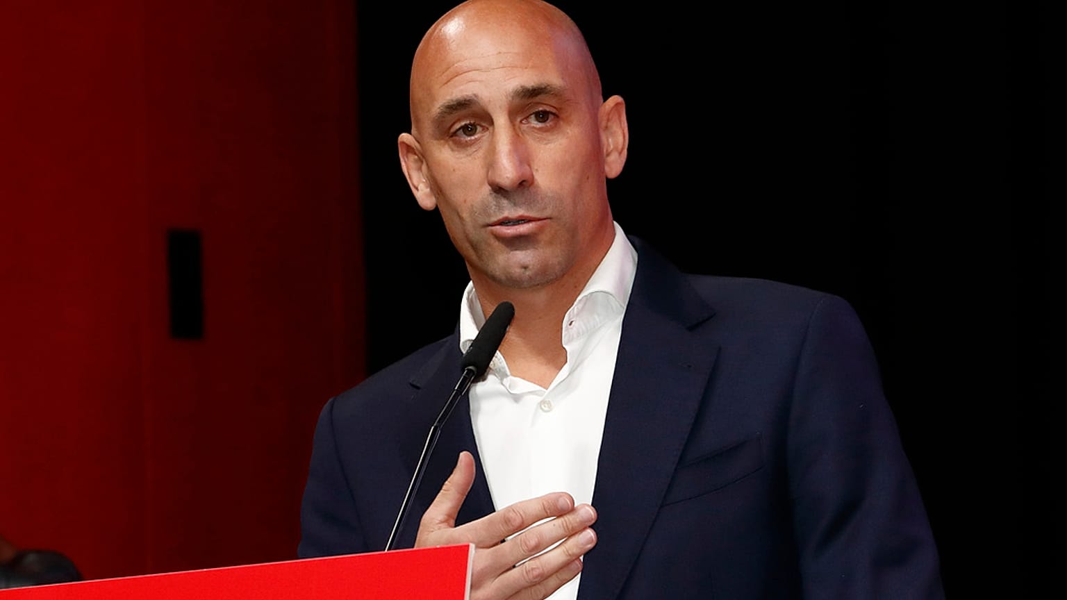 FILE - The president of the Spanish soccer federation Luis Rubiales speaks during an emergency general assembly meeting in Las Rozas, Spain, Friday Aug. 25, 2023.