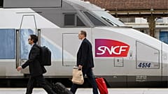 An SNCF train at a station platform. SNCF is one of the providers impacted by the landslide.