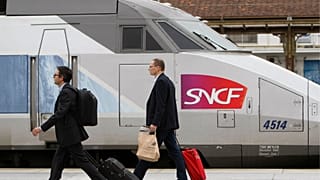 An SNCF train at a station platform. SNCF is one of the providers impacted by the landslide.
