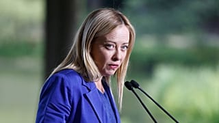 Italy's Prime Minister Giorgia Meloni attends a joint press conference with the Polish Prime Minister at Lazienki Park in Warsaw, Poland, on July 5, 2023.